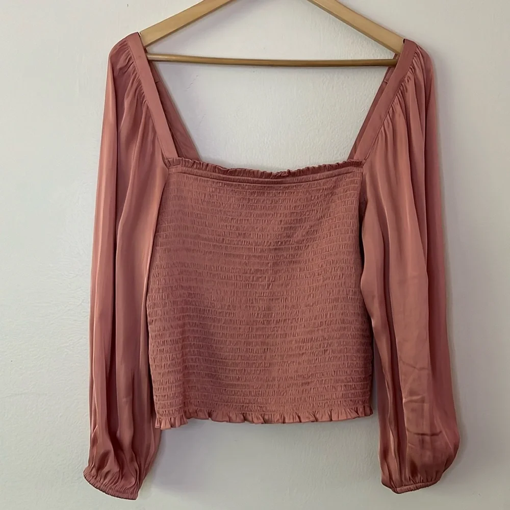 J. Crew Squareneck Smocked Featherweight Satin Cropped‎ Top in Pink size medium